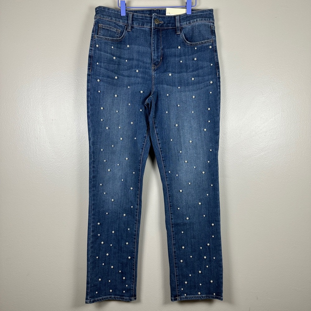 St.‎ John's Bay Women's 12 Straight Leg Blue Pearl Embellished Jeans NW